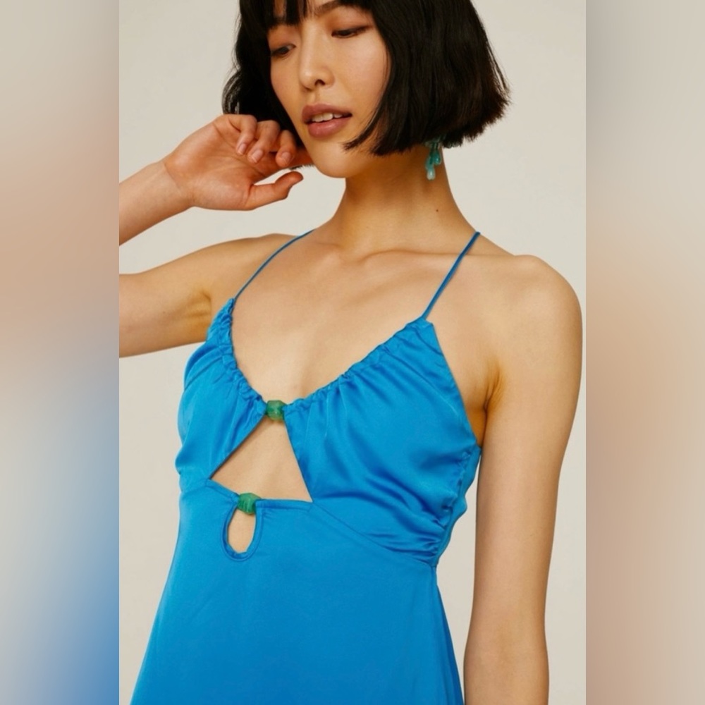 SUBOO cobalt satin open back sleeveless beaded front cutout midi slip dress S